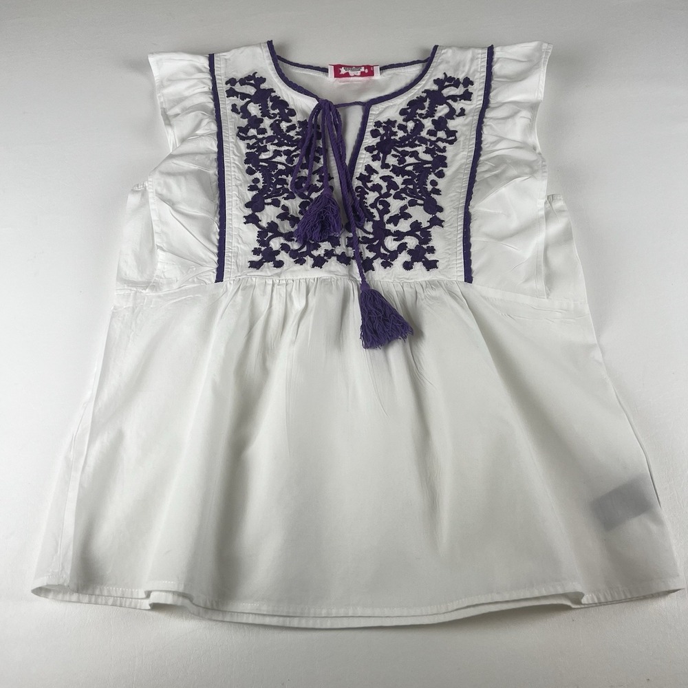 BUDDY LOVE Women's S White/Purple Inspired 70's Mexican Oaxacan Embroidered Top